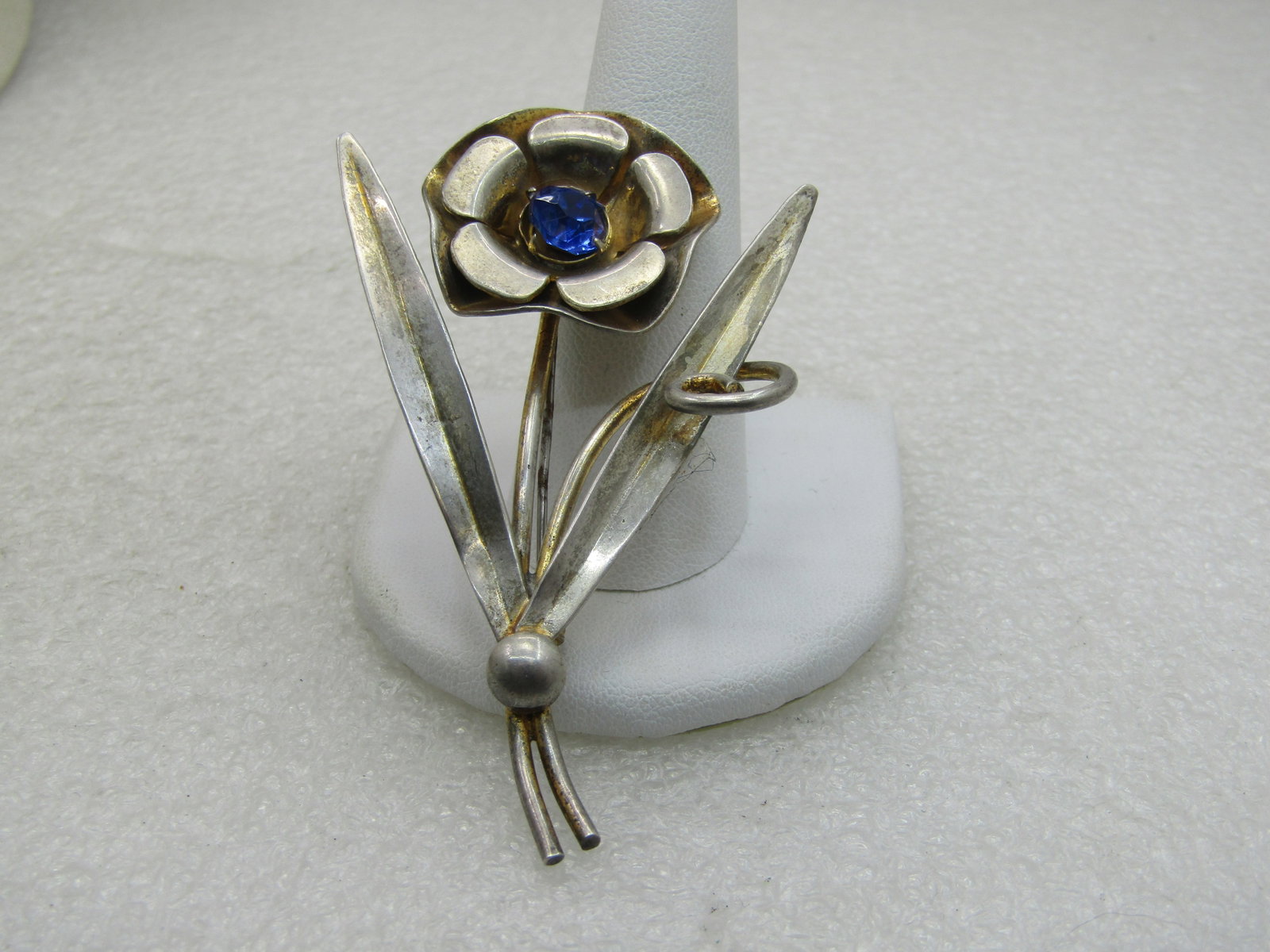 Vintage Sterling Floral Stem Brooch, Blue Rhienstone, Two-Tone, 2.75" - 2