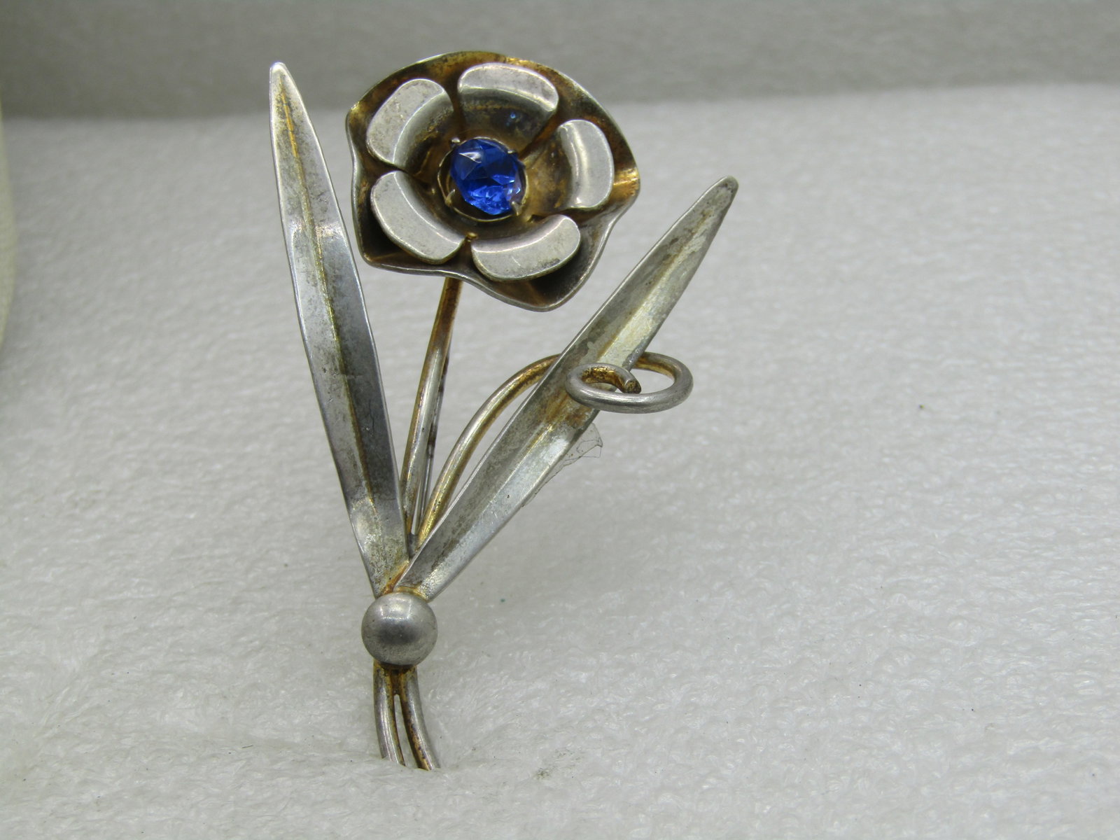Vintage Sterling Floral Stem Brooch, Blue Rhienstone, Two-Tone, 2.75" - 3