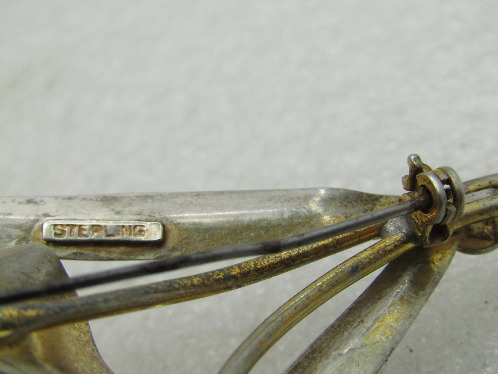 Vintage Sterling Floral Stem Brooch, Blue Rhienstone, Two-Tone, 2.75" - 4