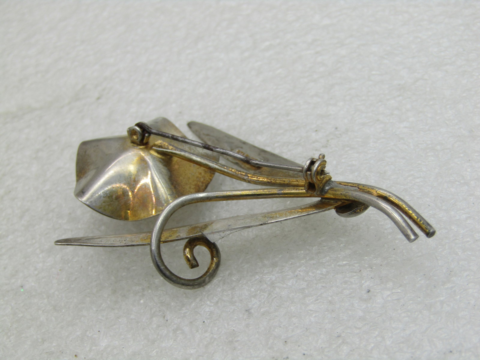 Vintage Sterling Floral Stem Brooch, Blue Rhienstone, Two-Tone, 2.75" - 5