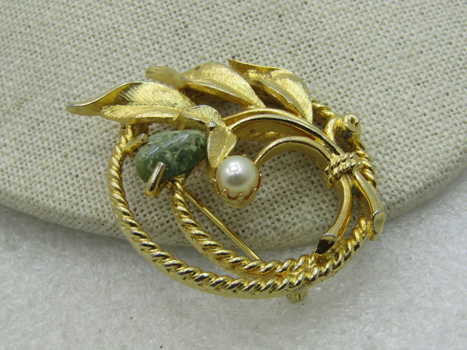 Vintage Moss Agate Faux Pearl Floral Circle Brooch, 1960's, 2" - 3