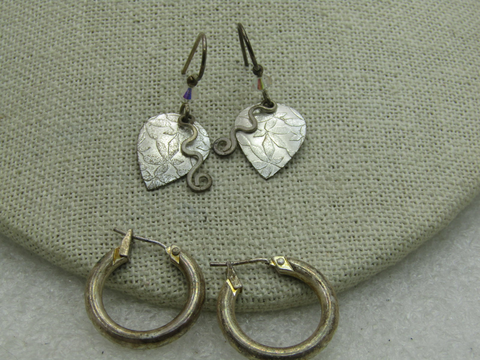 Vintage Sterling Silver Hoops & Silver Tone Leaf Earrings, Pierced (1 of 4)
