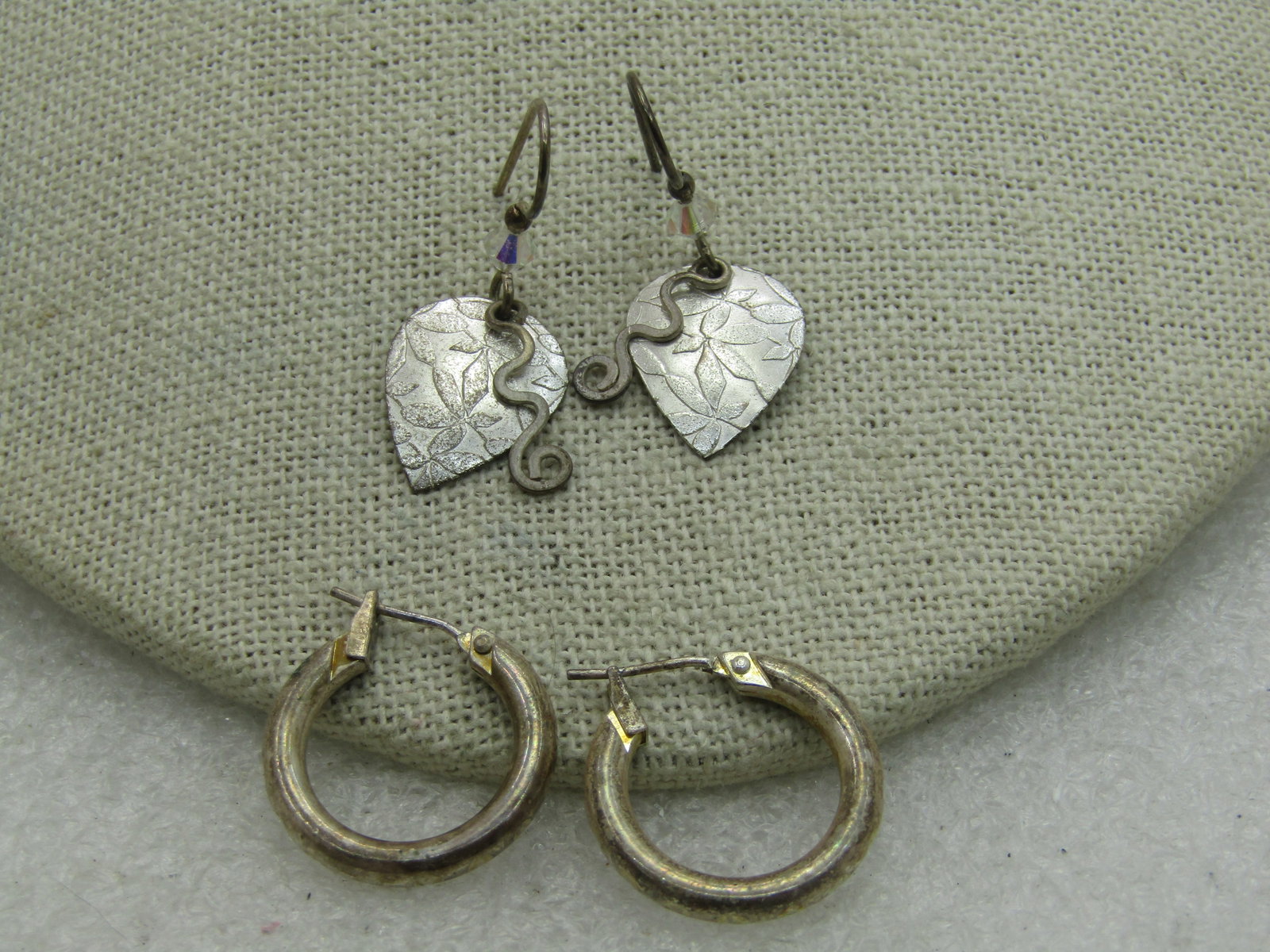 Vintage Sterling Silver Hoops & Silver Tone Leaf Earrings, Pierced - 3