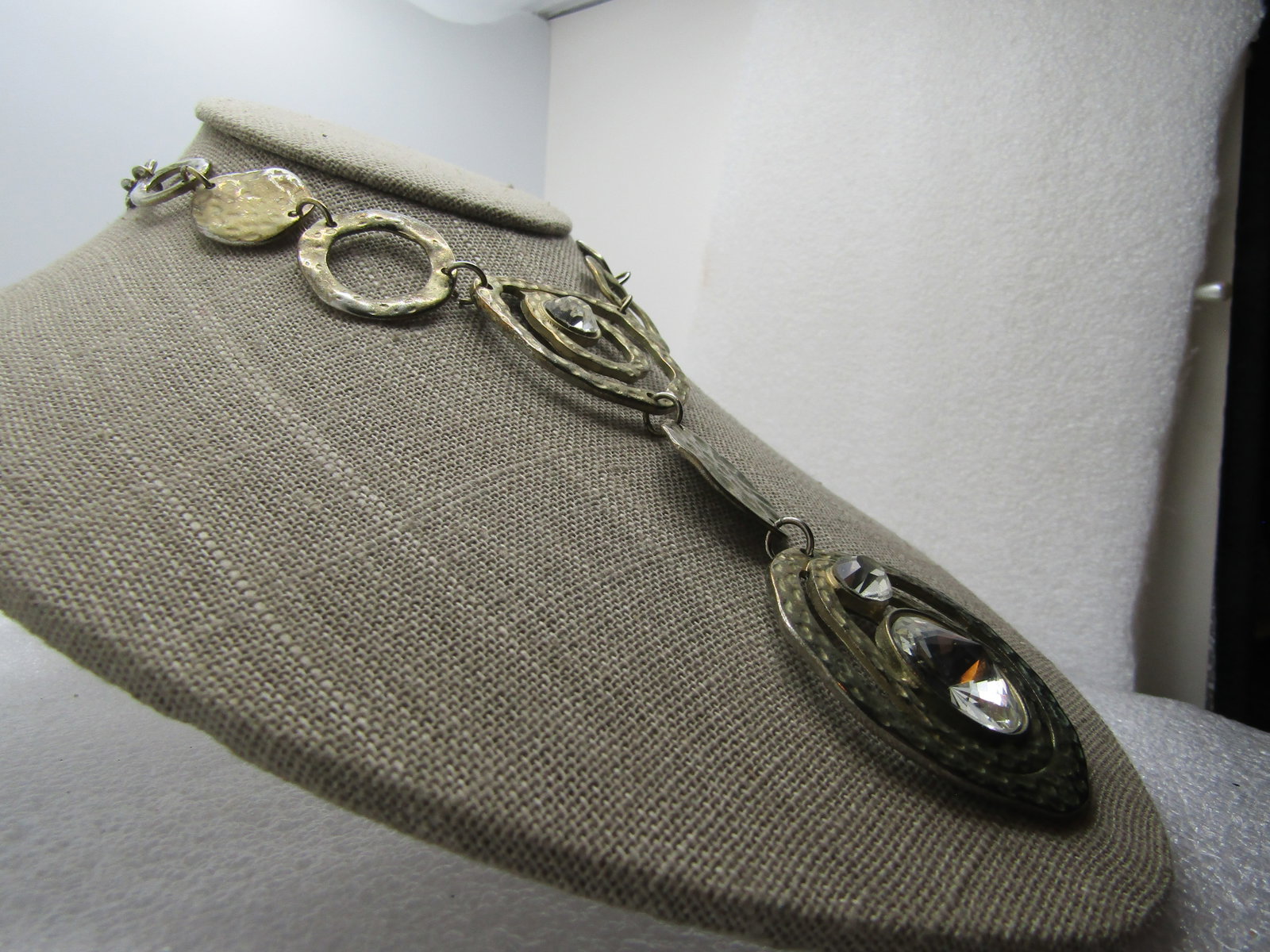 Vintage Hammered Drop Necklace, Rhinestones, Two-Tone, 18", 1980's - 2