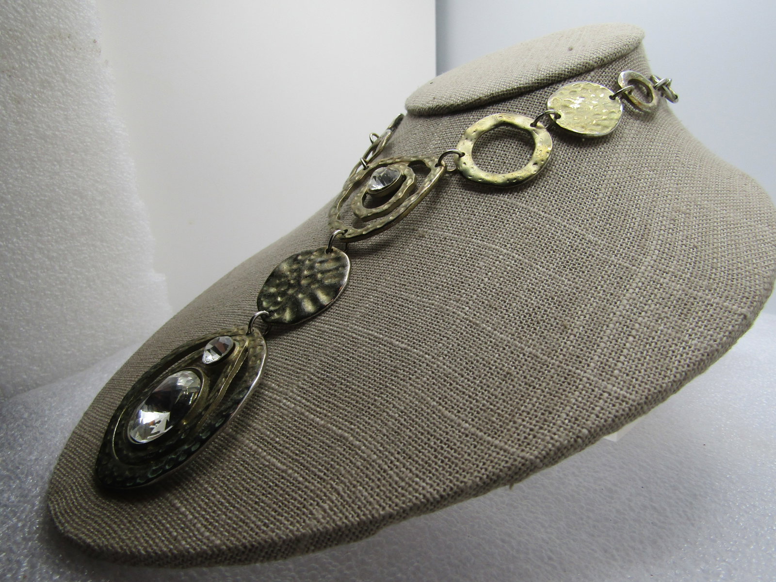 Vintage Hammered Drop Necklace, Rhinestones, Two-Tone, 18", 1980's - 3