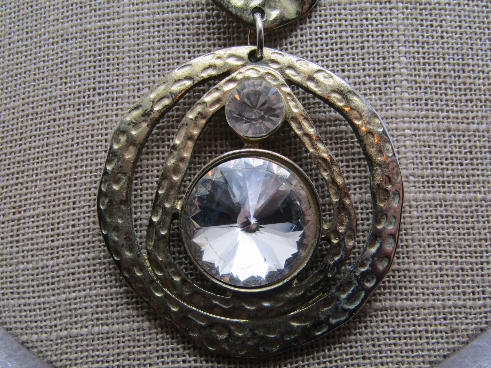 Vintage Hammered Drop Necklace, Rhinestones, Two-Tone, 18", 1980's - 4