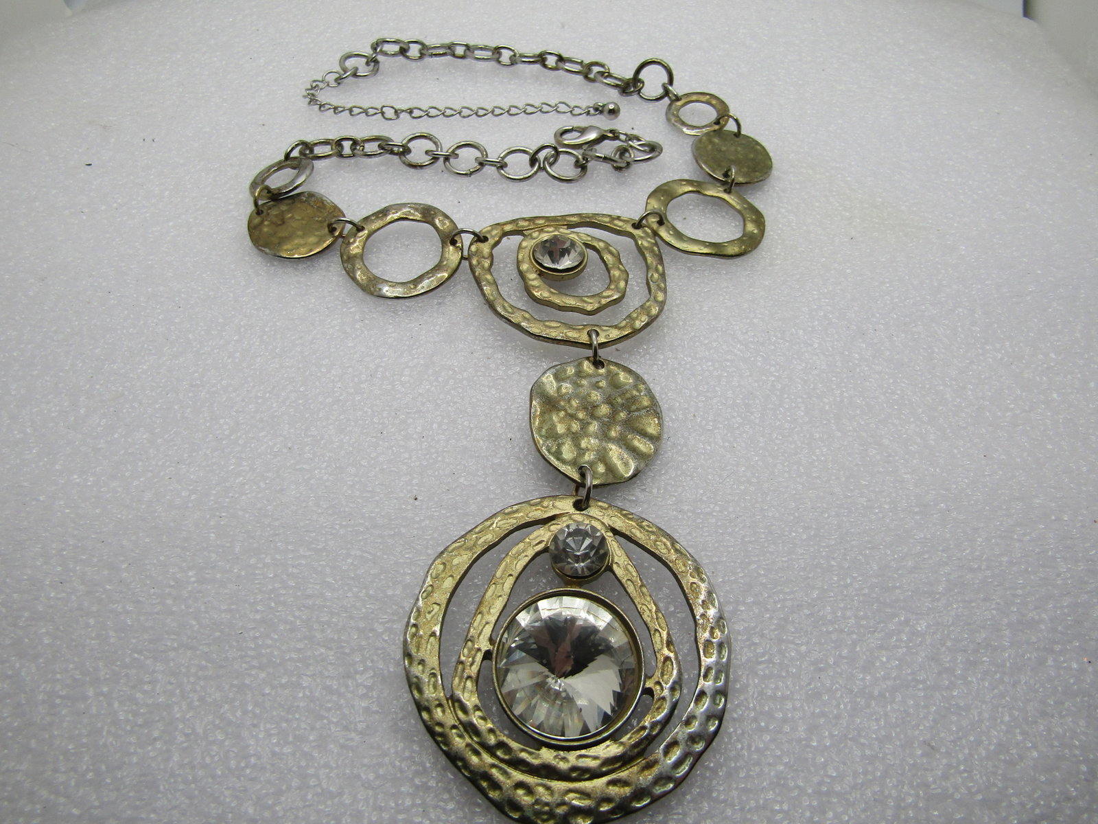 Vintage Hammered Drop Necklace, Rhinestones, Two-Tone, 18", 1980's - 6