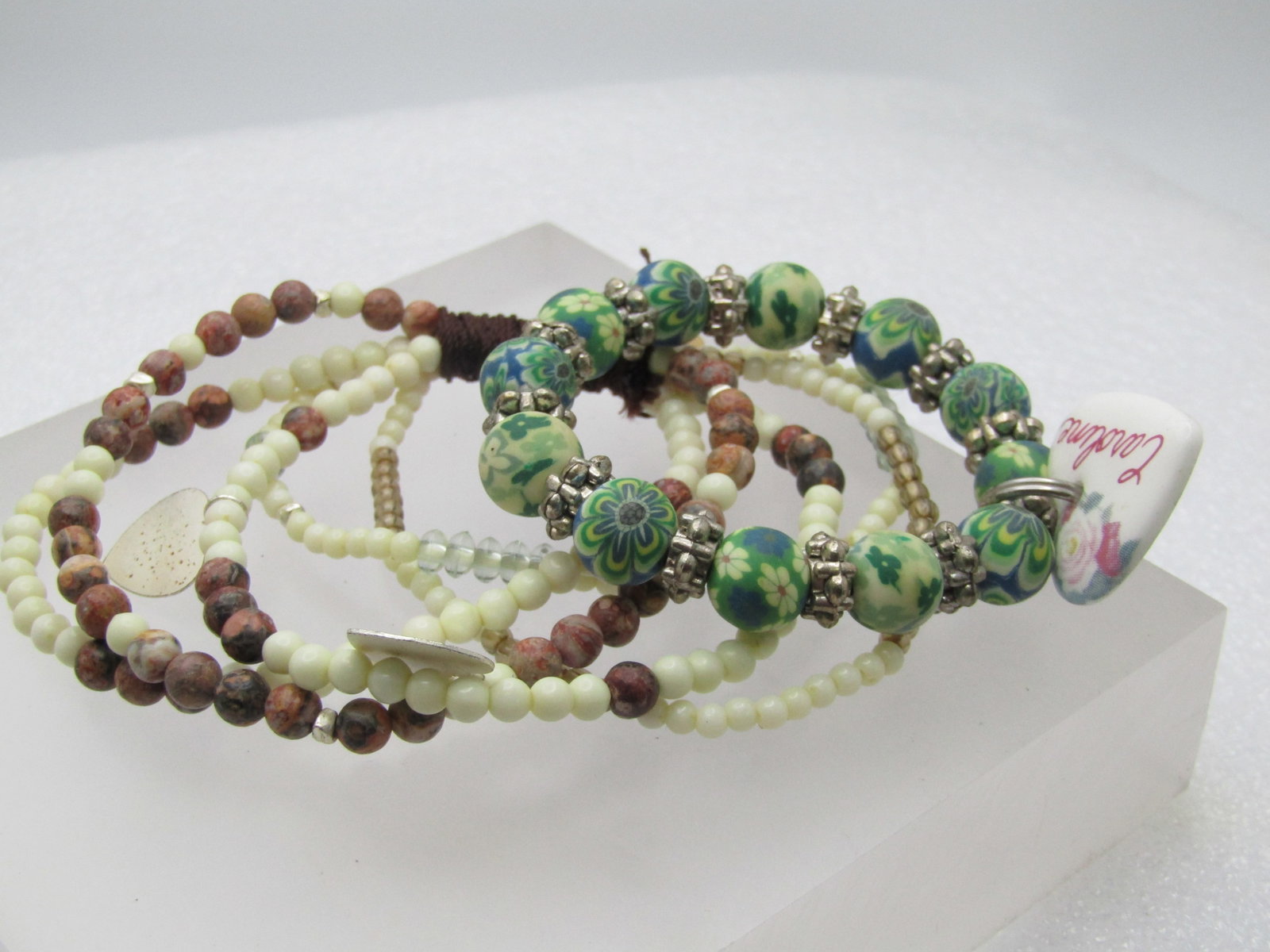 Vintage Two Beaded Stretch Bracelets, Heart Charms, 1990's (1 of 4)