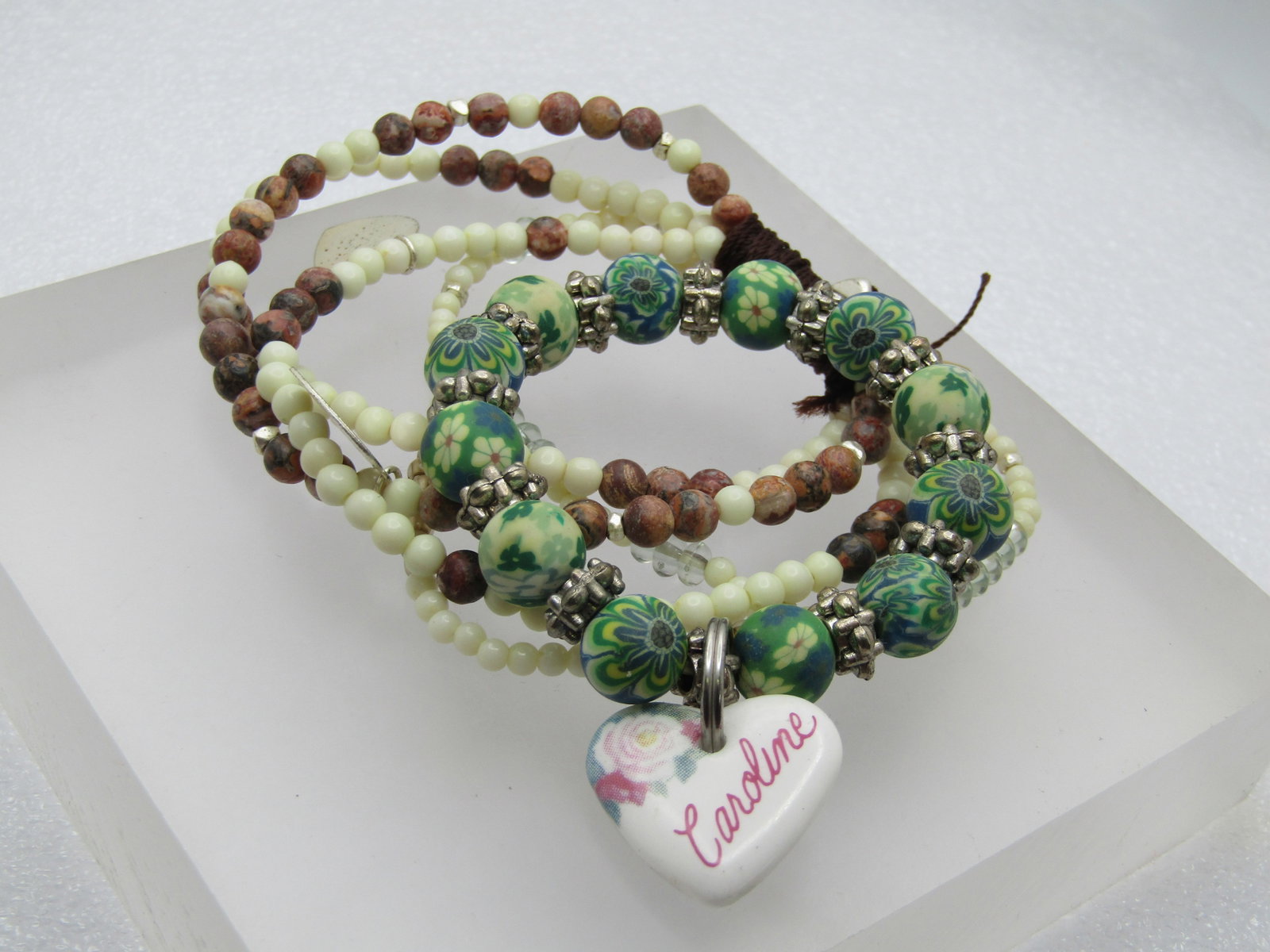 Vintage Two Beaded Stretch Bracelets, Heart Charms, 1990's - 2