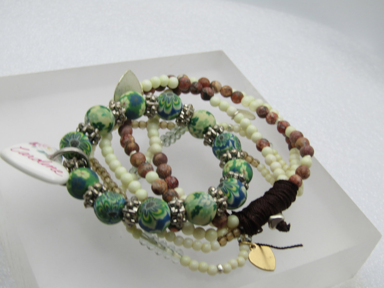 Vintage Two Beaded Stretch Bracelets, Heart Charms, 1990's - 3