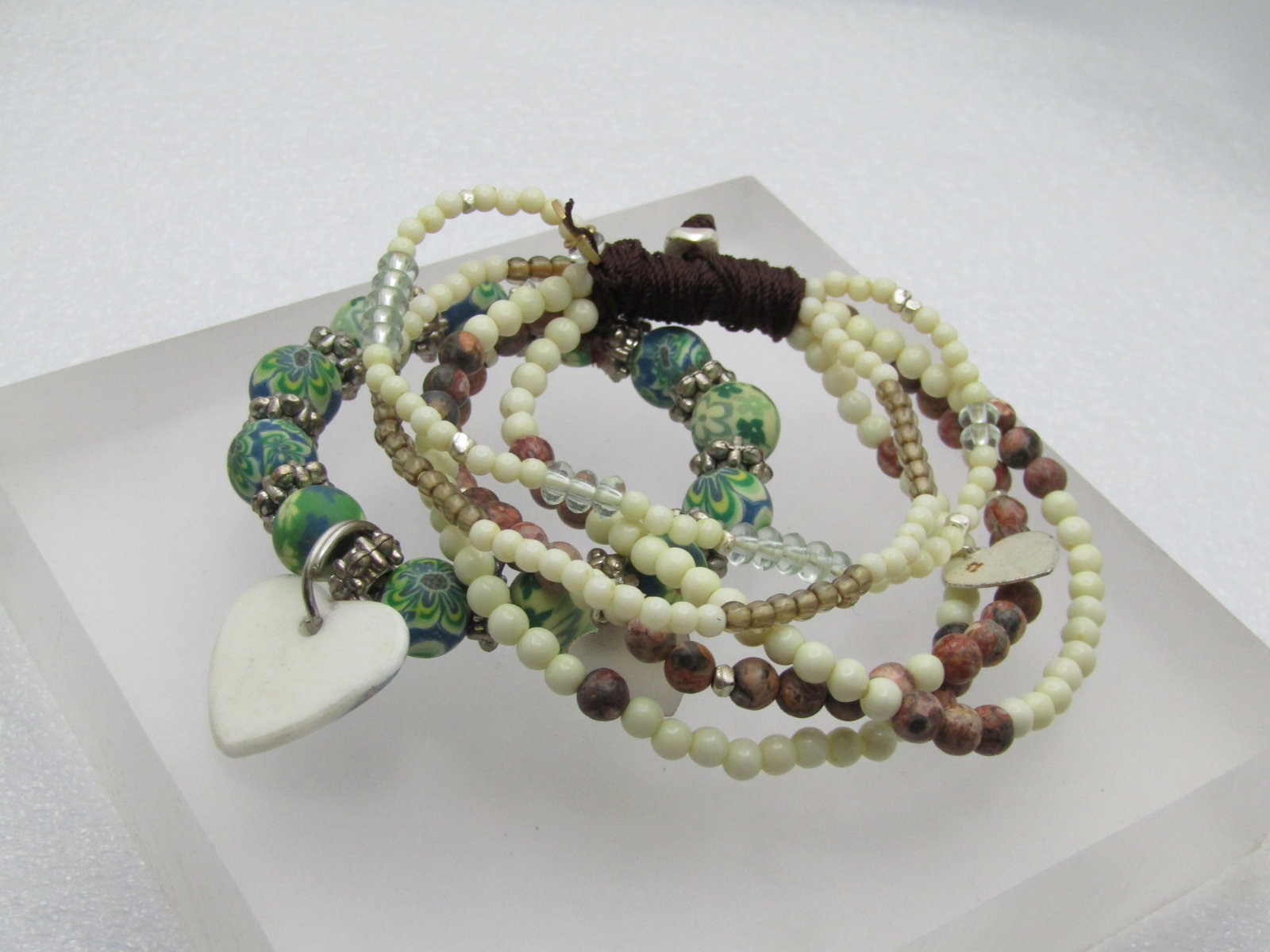 Vintage Two Beaded Stretch Bracelets, Heart Charms, 1990's - 4