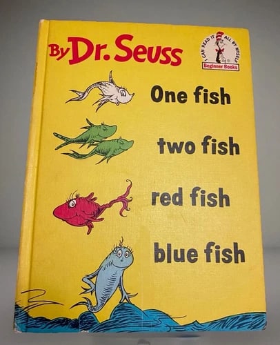 Dr Seuss One Fish Two Fish Red Fish Blue Fish 1960 HC Book Club Edition V Good: Dive into the whimsical world of Dr. Seuss with "One Fish Two Fish Red Fish Blue Fish," a cherished 1960 hardcover that is sure to delight readers both young and old. This classic tale, published by R