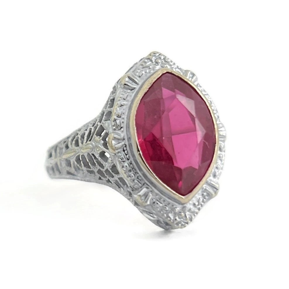 Vintage 1950's Lab-Created Ruby Marquise Filigree Ring 14K White Gold, 3.28 Gram: Title: Vintage 1950's Lab-Created Ruby Marquise Filigree Ring 14K White Gold, 3.28 Gram Description: Vintage 1950's Lab-Created Ruby Marquise Filigree Ring 14K White Gold, 3.28 Gram This is a unique, 
