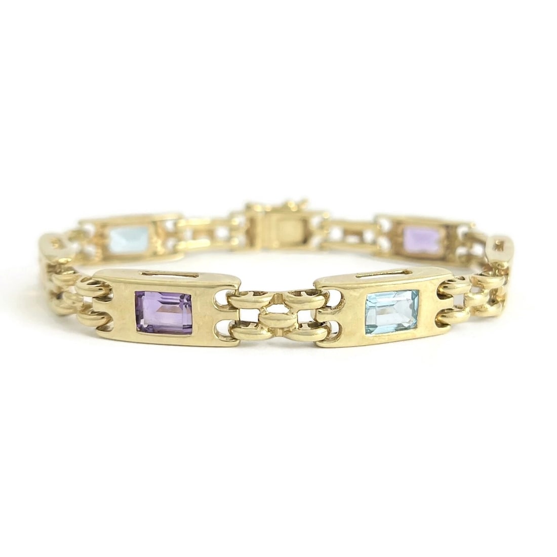 Vintage Multicolored Gemstone Chain Link Bracelet 14K Yellow Gold, 26.23 Grams (1 of 9)