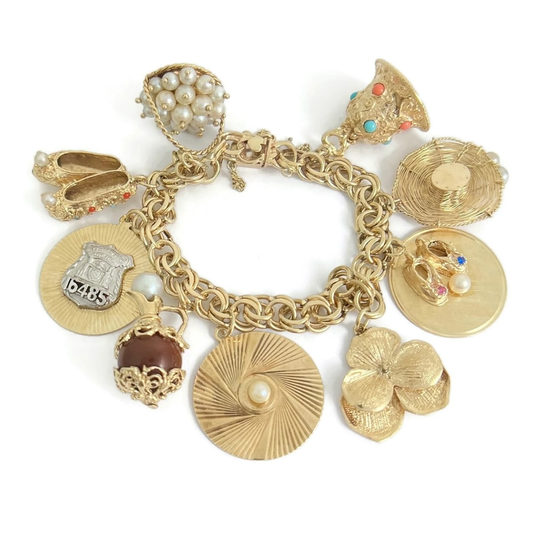 Vintage 1950's Pearl Shoes Hat Police Charm Bracelet 14K Yellow Gold, 59.27 Gram: Title: Vintage 1950's Pearl Shoes Hat Police Charm Bracelet 14K Yellow Gold, 59.27 Gram Description: Vintage 1950's Pearl Shoes Hat Police Charm Bracelet 14K Yellow Gold, 59.27 Gram A truly one-of-a-k