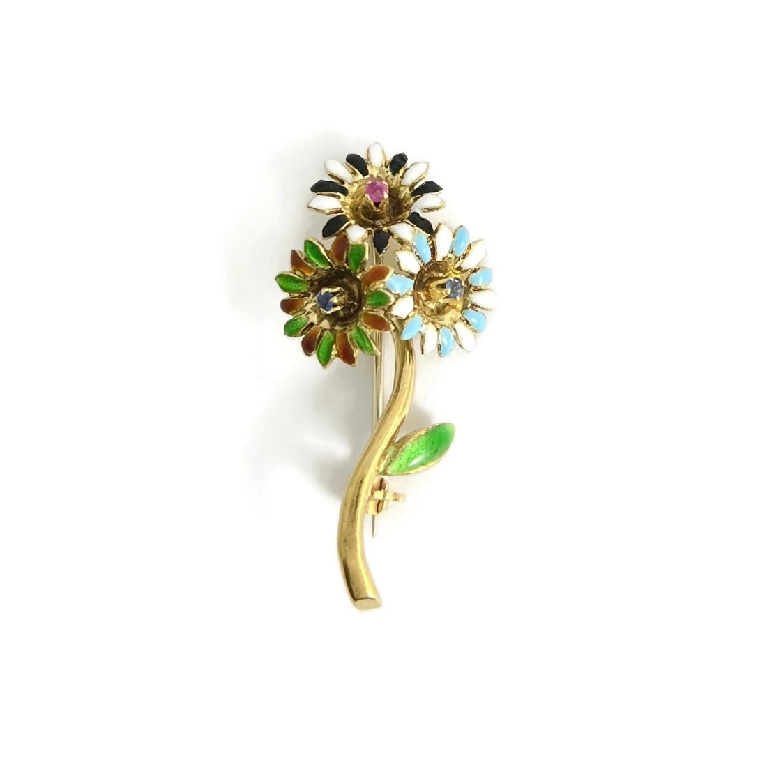 Vintage 1940's Multicolored Enamel Gemstone Flower Brooch 18K Yellow Gold 4.65 G: Title: Vintage 1940's Multicolored Enamel Gemstone Flower Brooch 18K Yellow Gold 4.65 G Description: Vintage 1940's Multicolored Enamel Gemstone Flower Brooch 18K Yellow Gold 4.65 Grams This is a