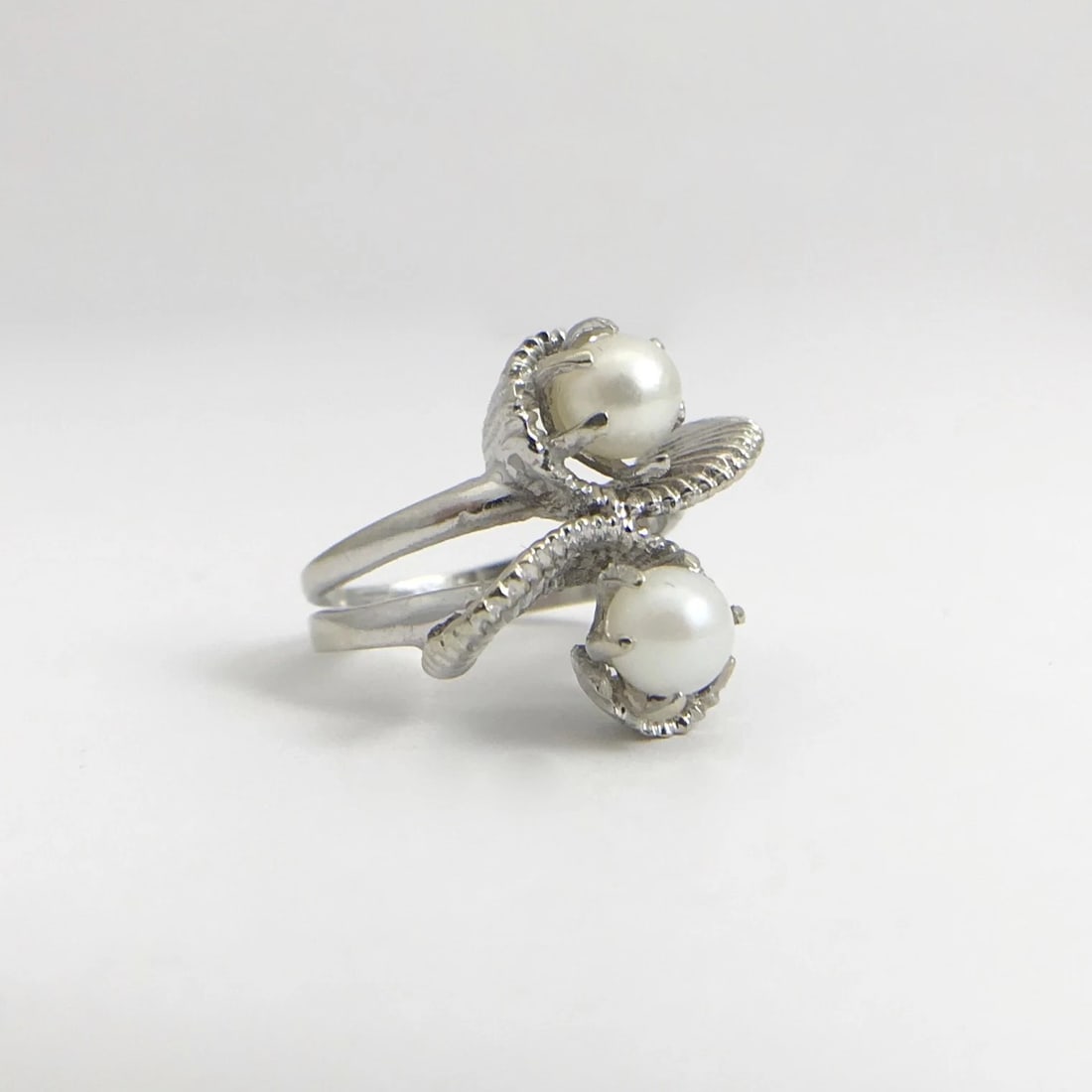 Vintage 1950's Double White Pearl Swirl Cocktail Ring 14K White Gold, 5.72 Grams - 8