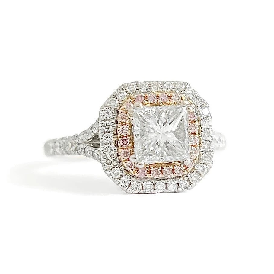 Princess Cut Pink Diamond Cushion Halo Engagement Ring 18K White Gold, 1.05 CTW (1 of 6)