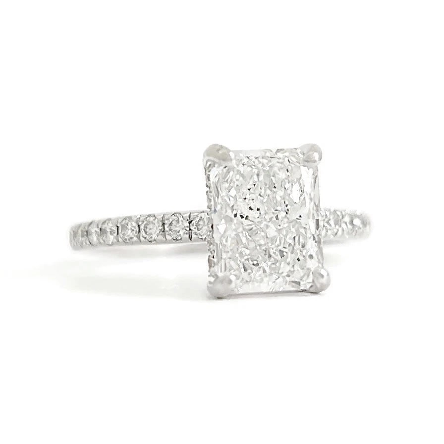 GIA Radiant Cut Diamond Hidden Halo Engagement Ring 18K White Gold, 2.50 CTW: Title: GIA Radiant Cut Diamond Hidden Halo Engagement Ring 18K White Gold, 2.50 CTW Description: GIA Radiant Cut Diamond Hidden Halo Engagement Ring 18K White Gold, 2.50 CTW This is a beautiful diamon