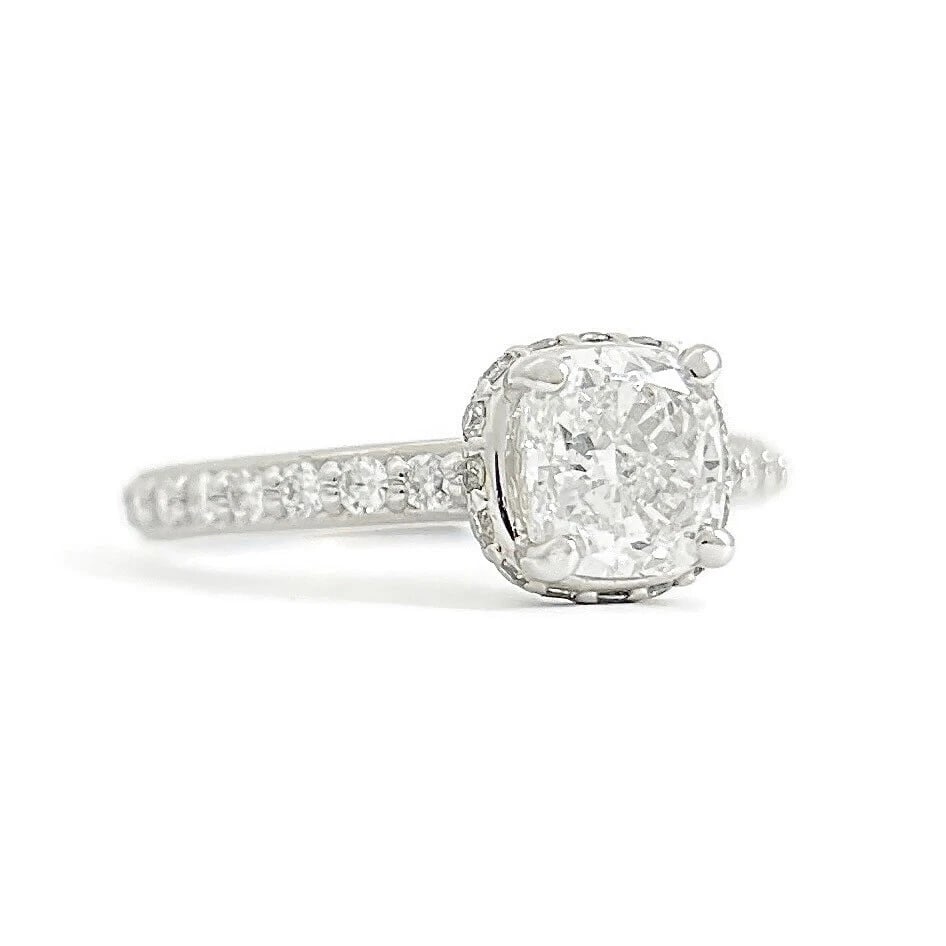 GIA Cushion Cut Diamond Hidden Halo Engagement Ring 14K White Gold, 1.58 CTW: Title: GIA Cushion Cut Diamond Hidden Halo Engagement Ring 14K White Gold, 1.58 CTW Description: GIA Cushion Cut Diamond Hidden Halo Engagement Ring 14K White Gold, 1.58 CTW This is a beautiful diamon