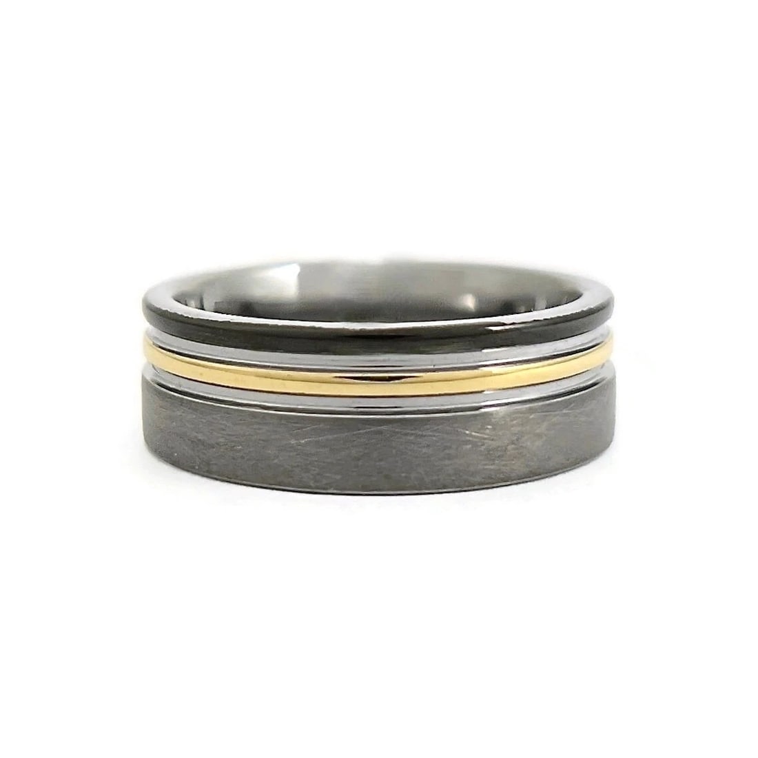 Men's Grey Black Gold Grooved Striped Wedding Band Ring Tungsten Carbide, Size 9 (1 of 7)