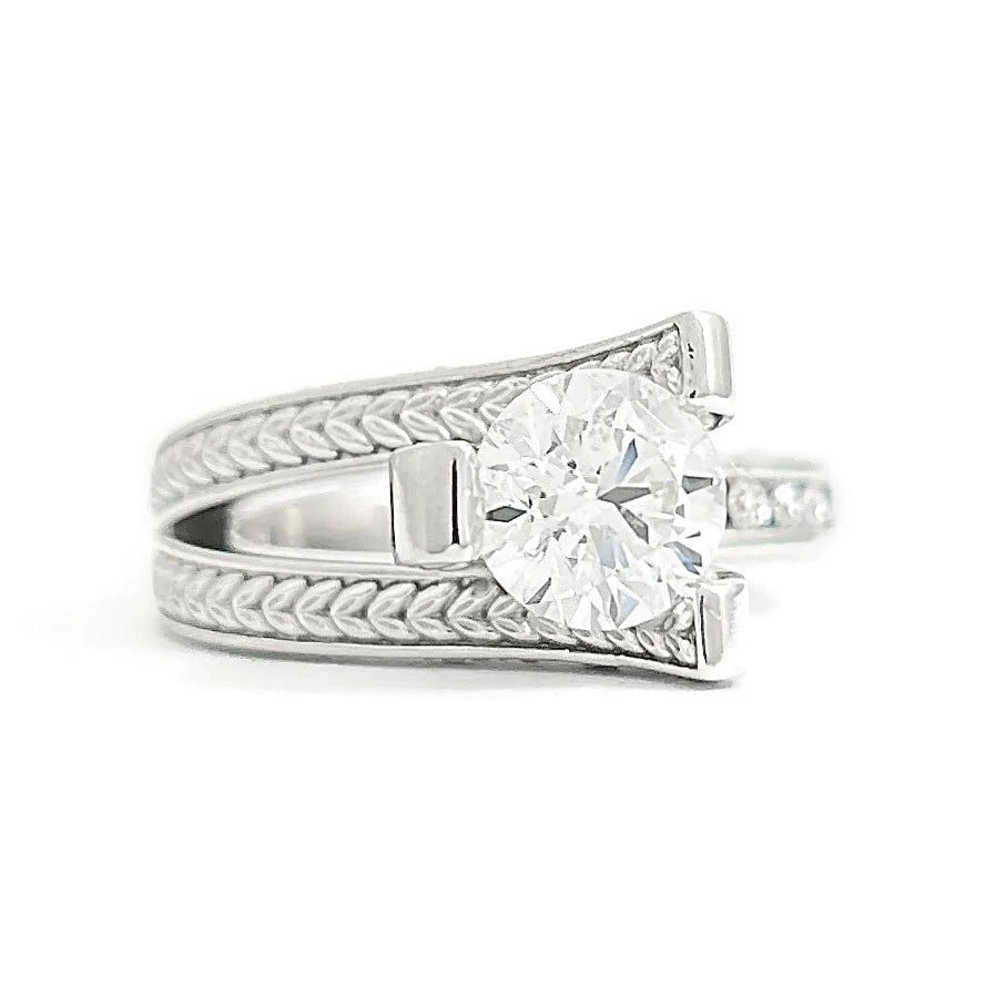 GIA Round Diamond Channel-Set Asymmetrical Engagement Ring Palladium, 1.10 CTW: Title: GIA Round Diamond Channel-Set Asymmetrical Engagement Ring Palladium, 1.10 CTW Description: GIA Round Diamond Channel-Set Asymmetrical Engagement Ring Palladium, 1.10 CTW This is a beautiful