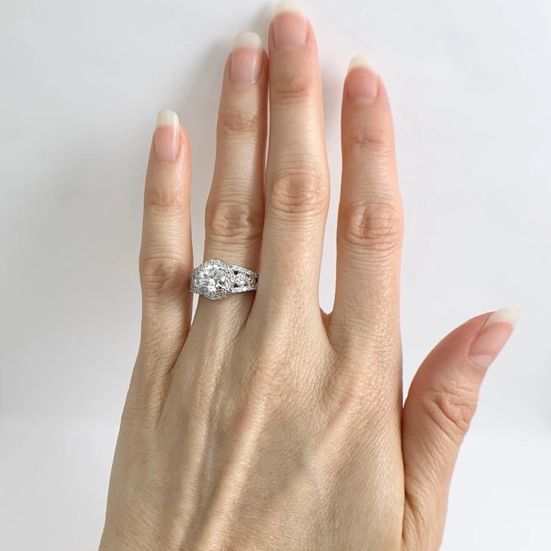 EGL Round Scalloped Halo Filigree Diamond Engagement Ring 14K White Gold 1.54 TW - 5
