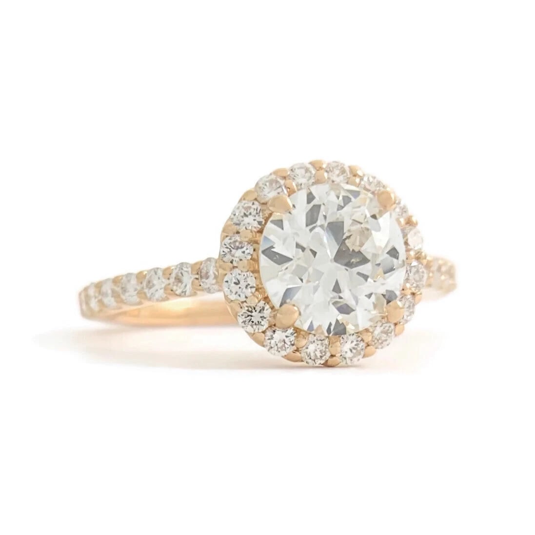 GIA Round Diamond Halo Engagement Ring 18K Pink Rose Gold, 1.45 CTW: Title: GIA Round Diamond Halo Engagement Ring 18K Pink Rose Gold, 1.45 CTW Description: GIA Round Diamond Halo Engagement Ring 18K Pink Rose Gold, 1.45 CTW This is a gorgeous diamond engagement ring! 