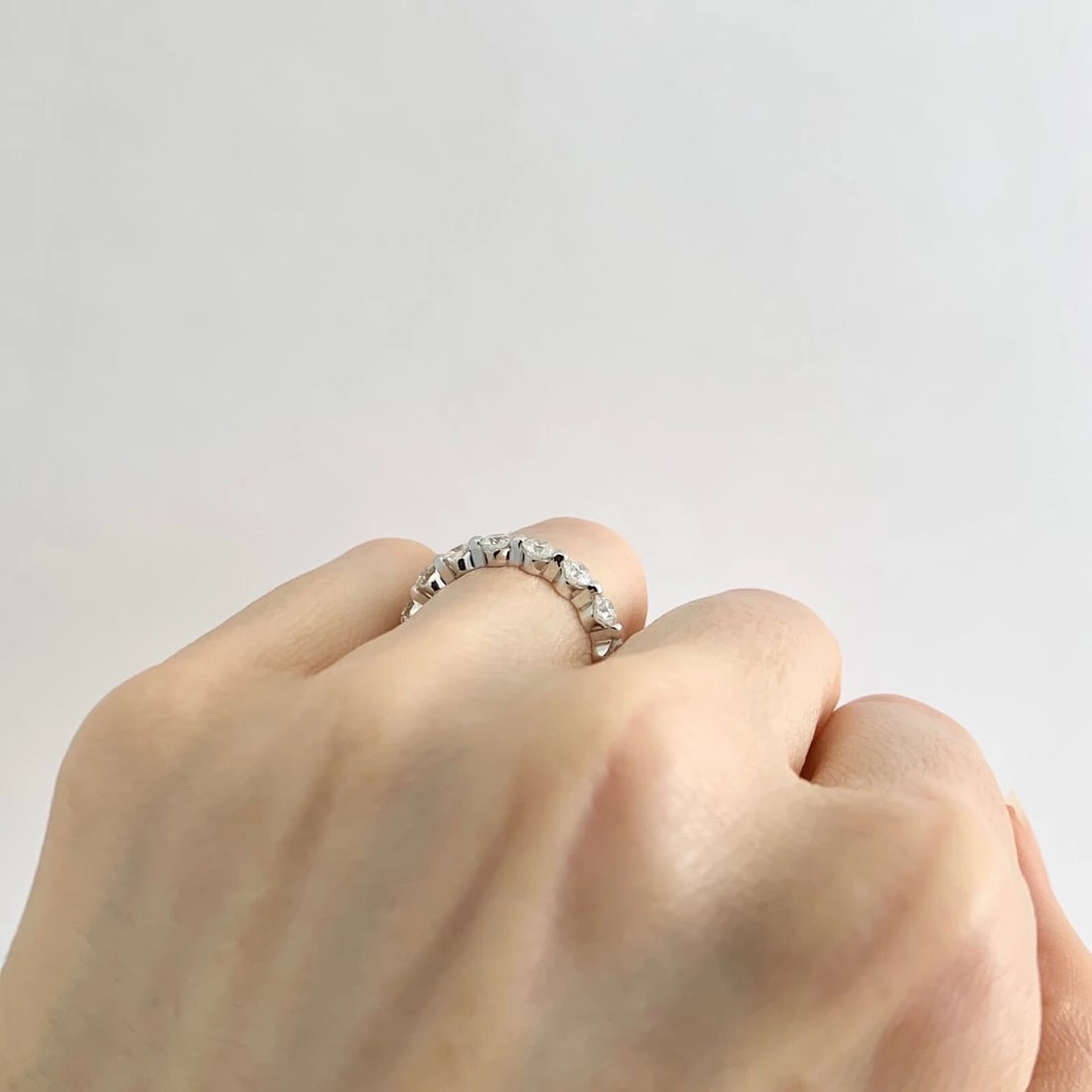 Round Diamond Bead Set Eternity Ring Wedding Band 14K White Gold, Size 6.25 - 5