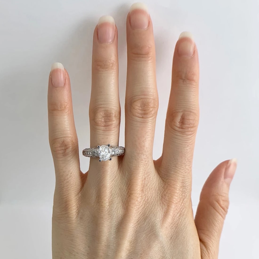 Oval Milgrain Pave Diamond Engagement Ring Setting Mounting 14K White Gold - 5
