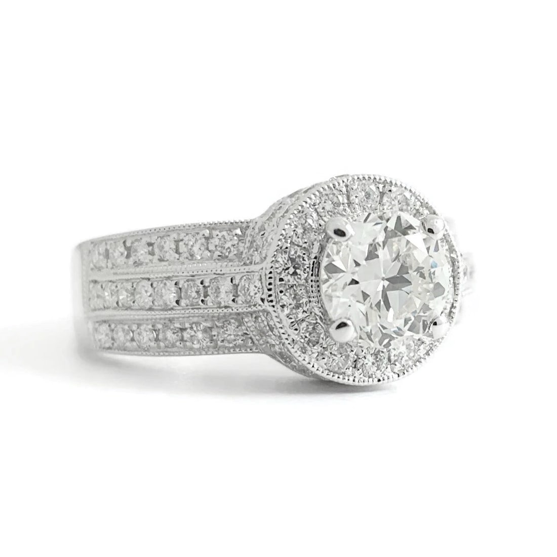 Round 3-Row Wide Halo Diamond Engagement Ring 14K White Gold 1.57 CTW: Title: Round 3-Row Wide Halo Diamond Engagement Ring 14K White Gold 1.57 CTW Description: Round 3-Row Wide Halo Diamond Engagement Ring 14K White Gold 1.57 CTW This is a gorgeous diamond engagement