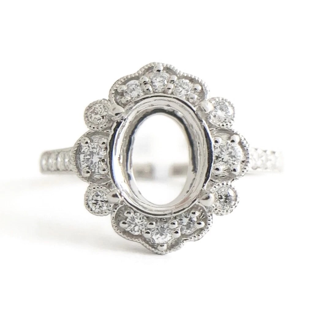 Oval Milgrain Halo Diamond Platinum Engagement Ring Setting Mounting, 5.15 Grams: Title: Oval Milgrain Halo Diamond Platinum Engagement Ring Setting Mounting, 5.15 Grams Description: Oval Milgrain Halo Diamond Platinum Engagement Ring Setting Mounting, 5.15 Grams Make a statement w