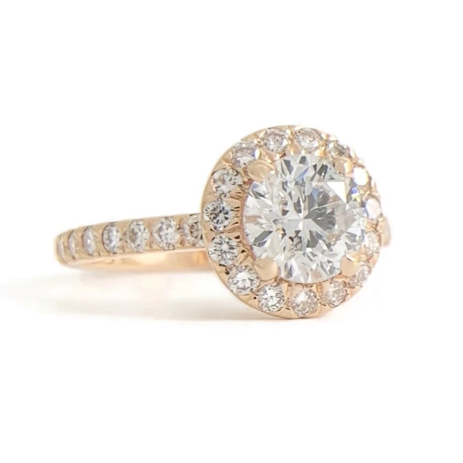 EGL Round Halo Diamond Engagement Ring 14K Pink Rose Gold 1.22 CTW, 2.23 Grams: Title: EGL Round Halo Diamond Engagement Ring 14K Pink Rose Gold 1.22 CTW, 2.23 Grams Description: EGL Round Halo Diamond Engagement Ring 14K Pink Rose Gold 1.22 CTW, 2.23 Grams This lovely diamond