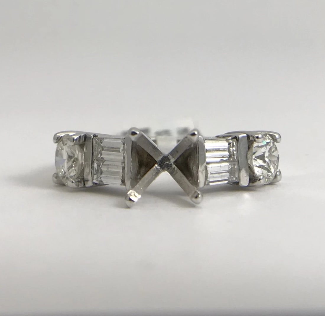 Baguette Round Diamond Engagement Ring Setting Mounting 14K White Gold, 1.57 CTW - 2