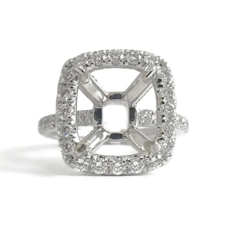 Cushion Halo Diamond Engagement Ring Setting Mounting 18K White Gold, 1.05 CTW: Title: Cushion Halo Diamond Engagement Ring Setting Mounting 18K White Gold, 1.05 CTW Description: Cushion Halo Diamond Engagement Ring Setting Mounting 18K White Gold, 5.33 Grams This gorgeous diamon
