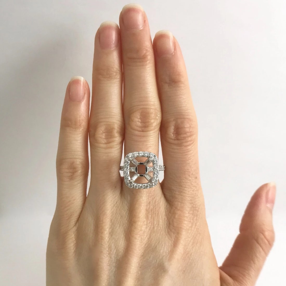Cushion Halo Diamond Engagement Ring Setting Mounting 18K White Gold, 1.05 CTW - 2