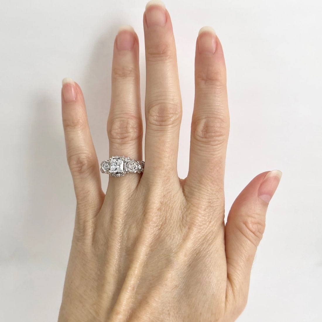 Princess Cut CZ Cubic Zirconia Flower Engagement Ring 10K White Gold, 6.67 Grams - 2