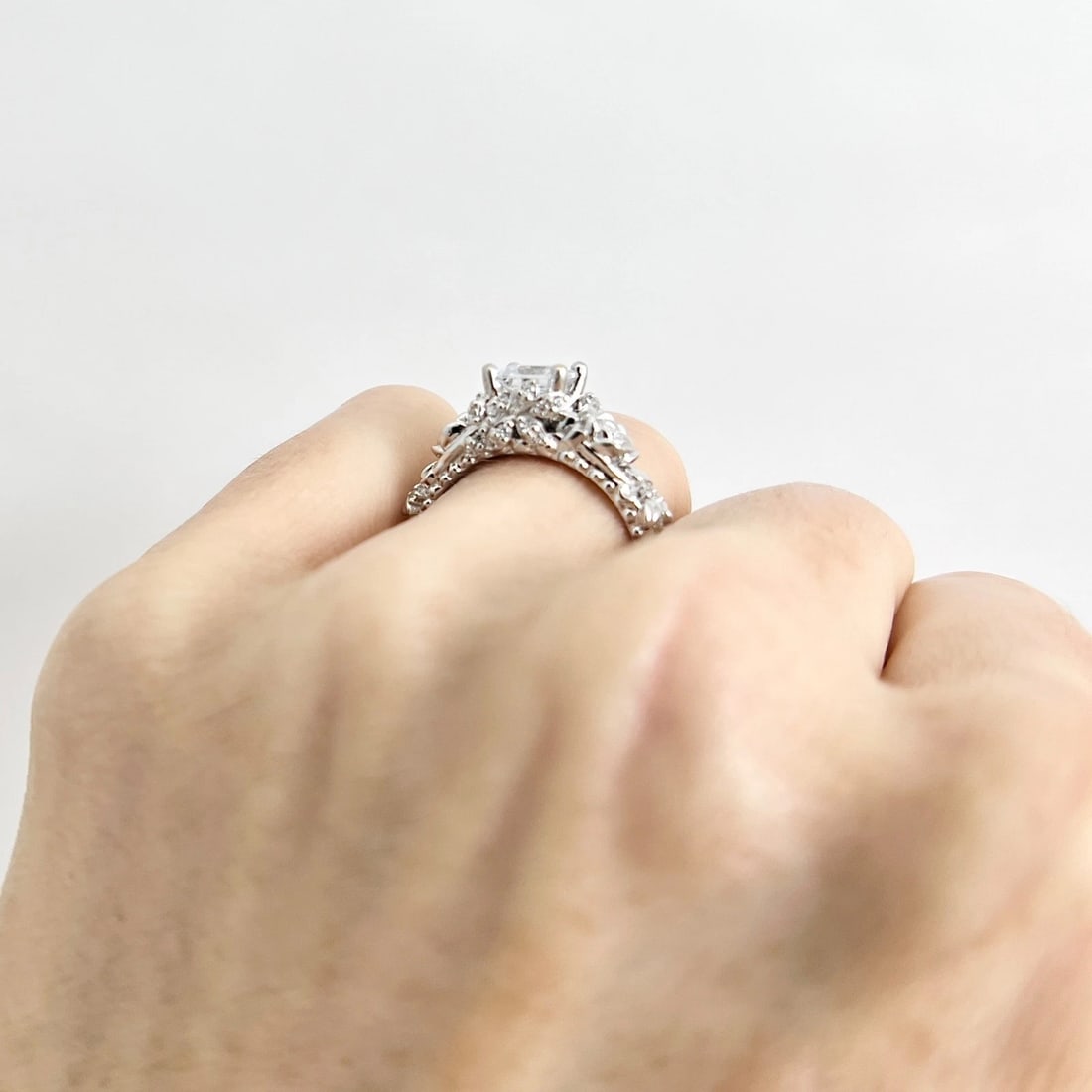 Princess Cut CZ Cubic Zirconia Flower Engagement Ring 10K White Gold, 6.67 Grams - 4