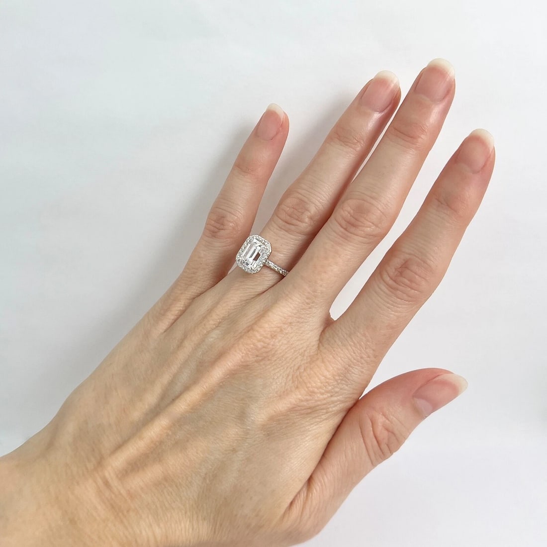 Emerald Cut CZ Diamond Halo Engagement Ring 14K White Gold, 2.78 Grams - 3