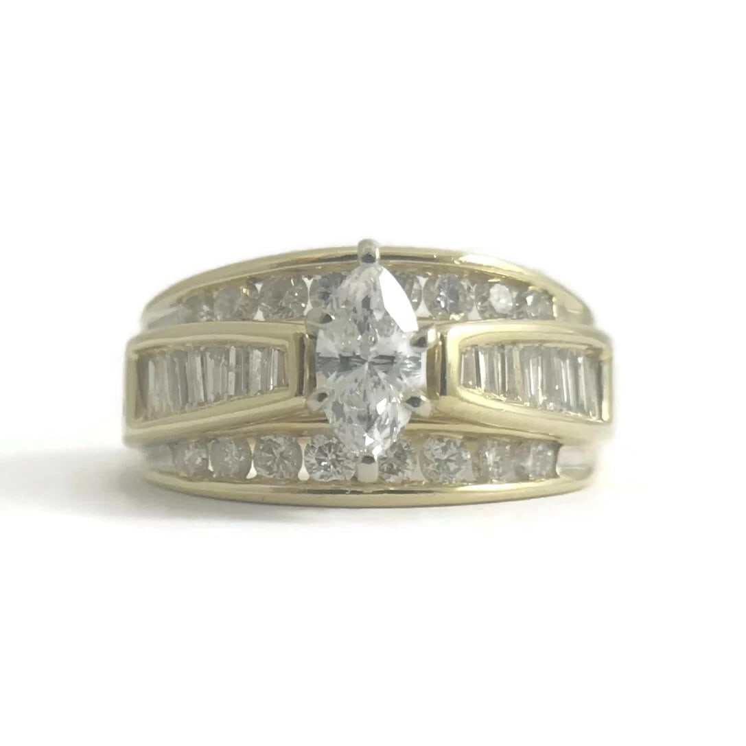 Wide Marquise Baguette Diamond Engagement Ring 14K Yellow Gold 1.35 CTW, 7.33 Gr: Title: Wide Marquise Baguette Diamond Engagement Ring 14K Yellow Gold 1.35 CTW, 7.33 Gr Description: Wide Marquise Baguette Diamond Engagement Ring 14K Yellow Gold 1.35 CTW, 7.33 Grams This is a gorge
