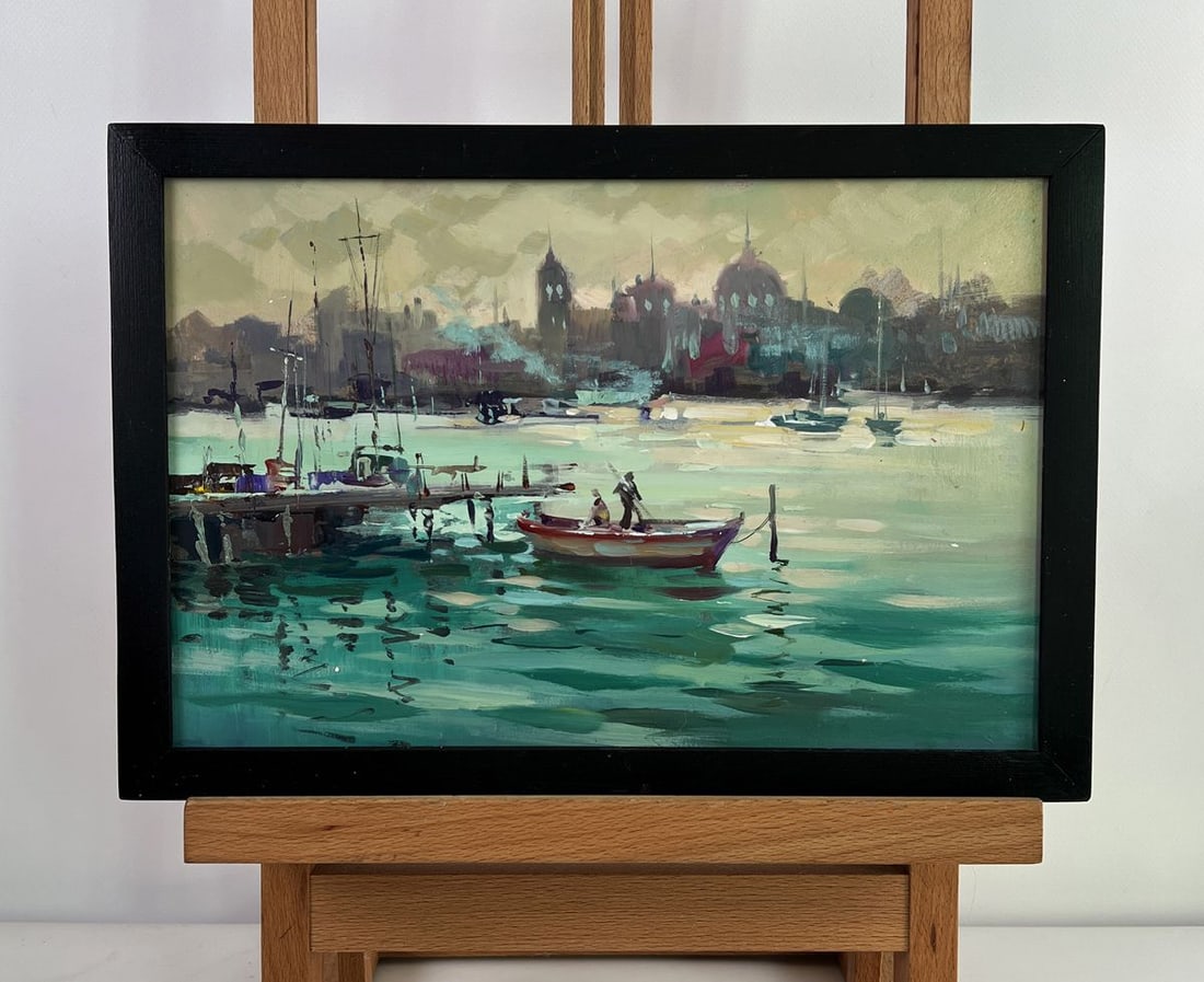 Oil painting Evening over the Pier with boats Yuriy Suprunchuk: Title: Oil painting Evening over the Pier with boats Yuriy Suprunchuk Description: No.AAA6496 Oil painting Evening over the Pier with boats Yuriy Suprunchuk reveals a poetic harbor scene bathed in sof