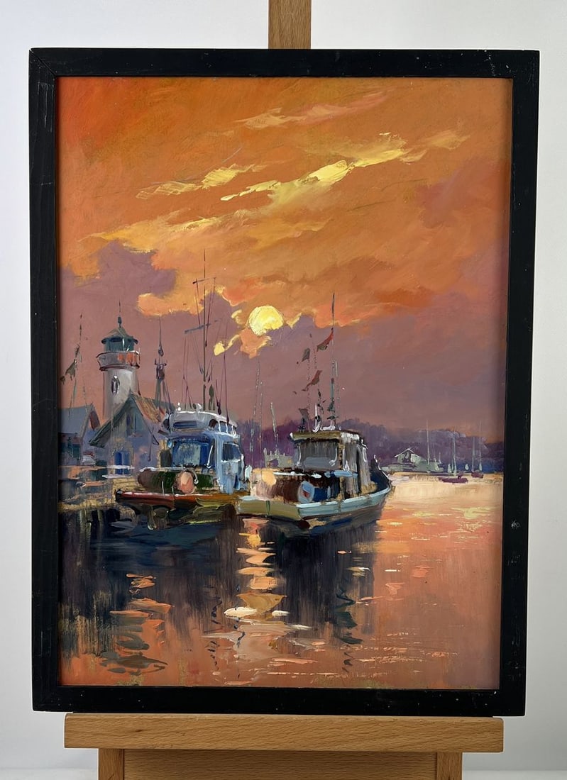 Oil painting Two Ships at Dock at Sunset Yuriy Suprunchuk (1 of 11)