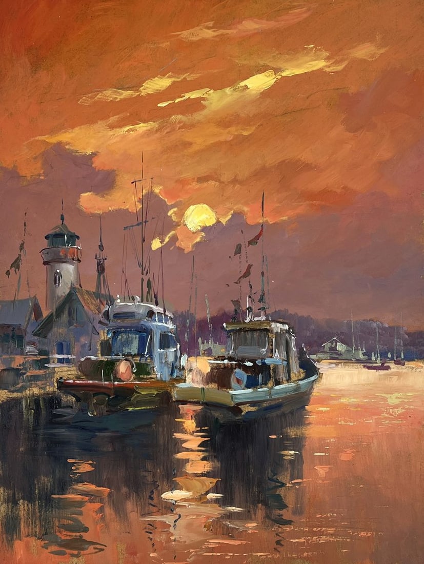 Oil painting Two Ships at Dock at Sunset Yuriy Suprunchuk - 3