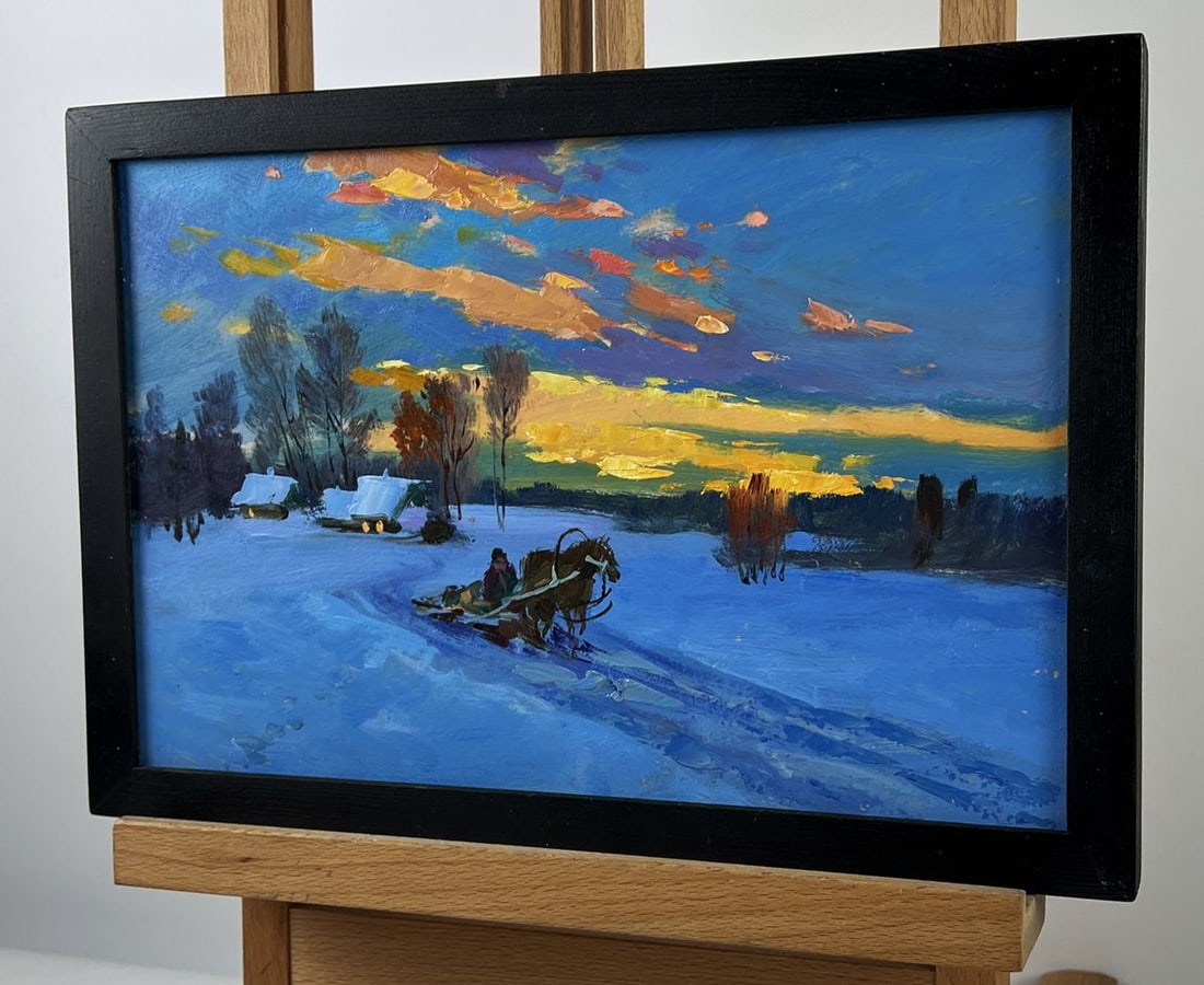 Oil painting Evening Winter Road to the Village Yuriy Suprunchuk - 2