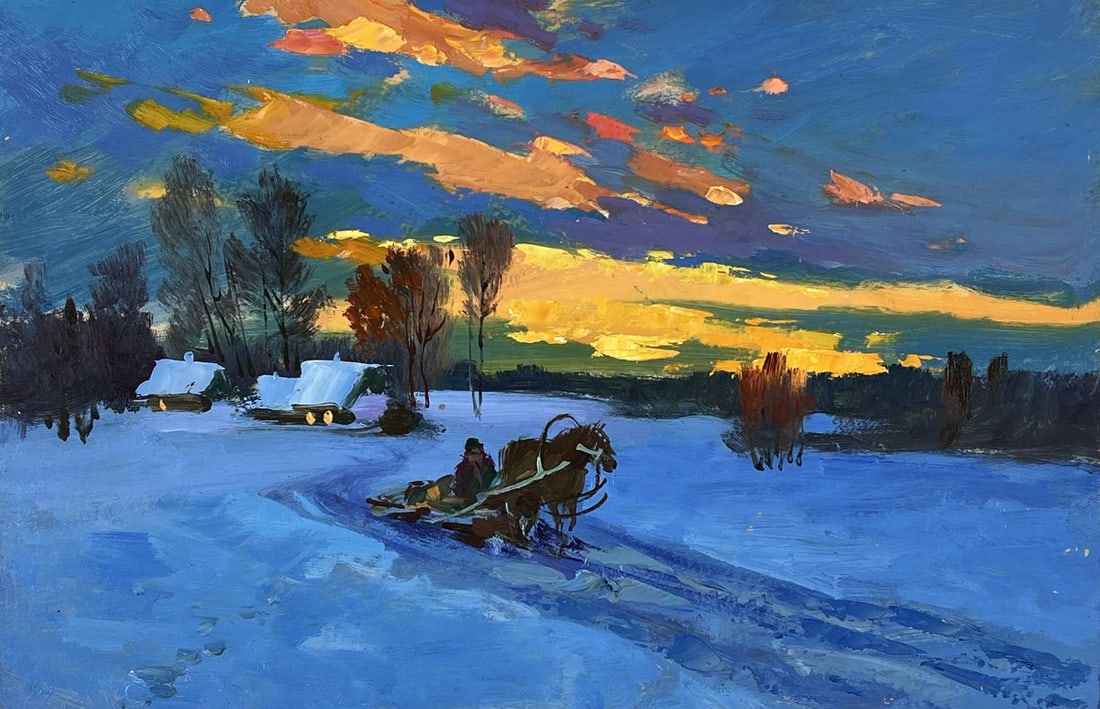 Oil painting Evening Winter Road to the Village Yuriy Suprunchuk - 3