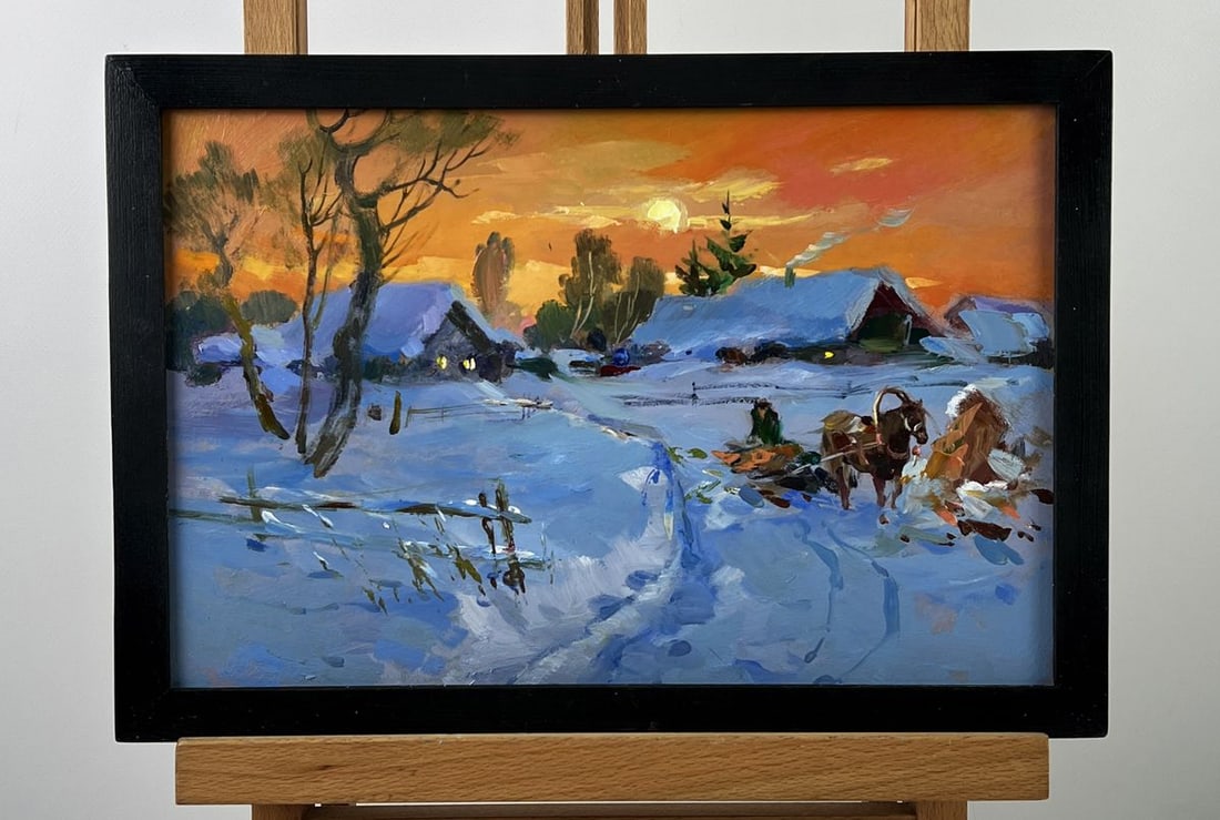 Oil painting Sunset in the Winter Village Yuriy Suprunchuk (1 of 11)