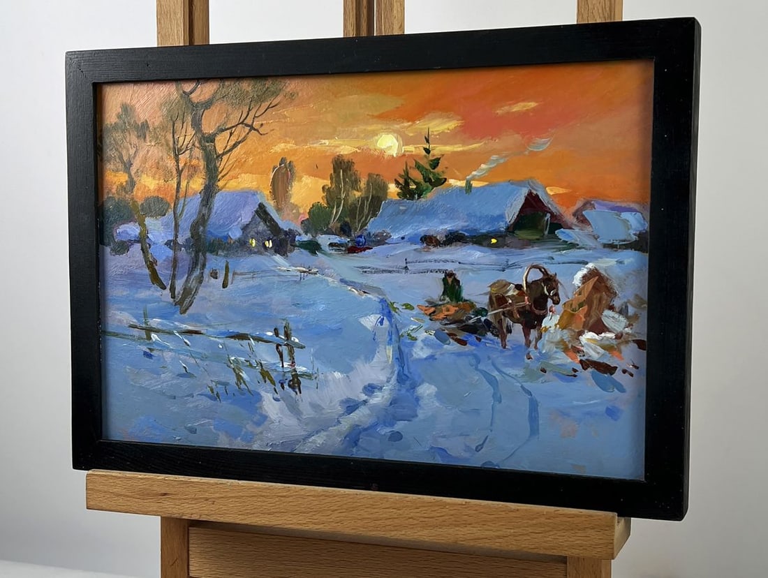 Oil painting Sunset in the Winter Village Yuriy Suprunchuk - 2
