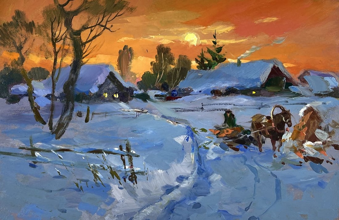 Oil painting Sunset in the Winter Village Yuriy Suprunchuk - 3