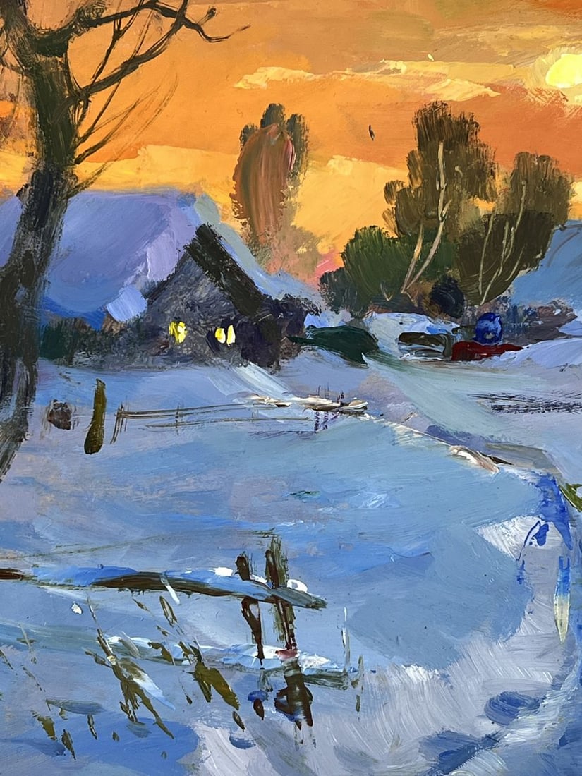 Oil painting Sunset in the Winter Village Yuriy Suprunchuk - 4