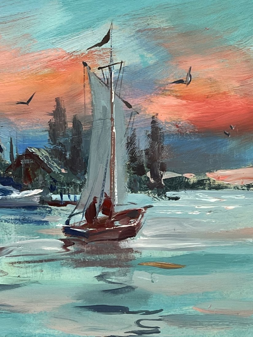 Oil painting Ships in the Sea City at Sunset Yuriy Suprunchuk - 10